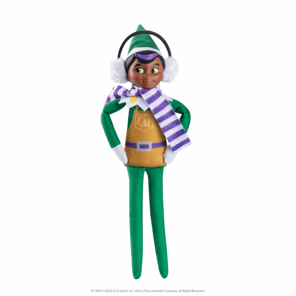 The Elf Mates® Toy Maker with black hair, posed standing with his hands on his hips. He is wearing a set of earmuffs and a scarf.