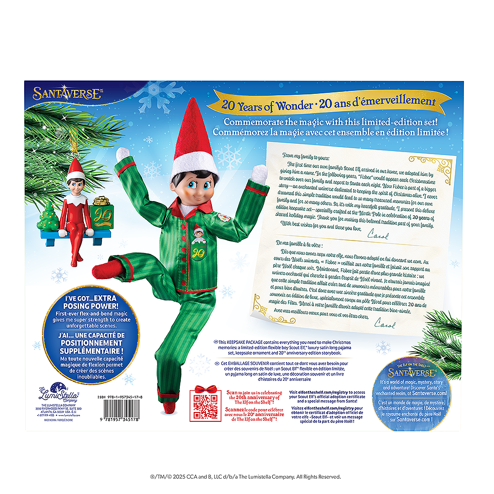 A product shot of the back of The Elf on the Shelf®: A Christmas Tradition 20th Anniversary Sparkle Holiday Box Set.