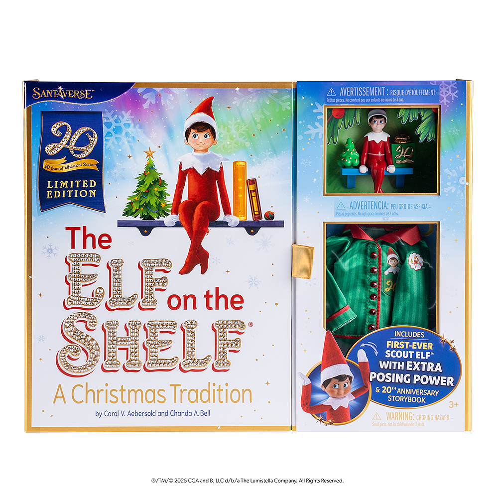 A front view of the packaging of the The Elf on the Shelf®: A Christmas Tradition 20th Anniversary Sparkle Holiday Box Set. This collector's item features 4,500 Swarovski® hand-placed crystals. Some of the crystals can be seen on the cover's lettering, as well as on the buttons on the included limited-edition luxury satin long pajama set.
