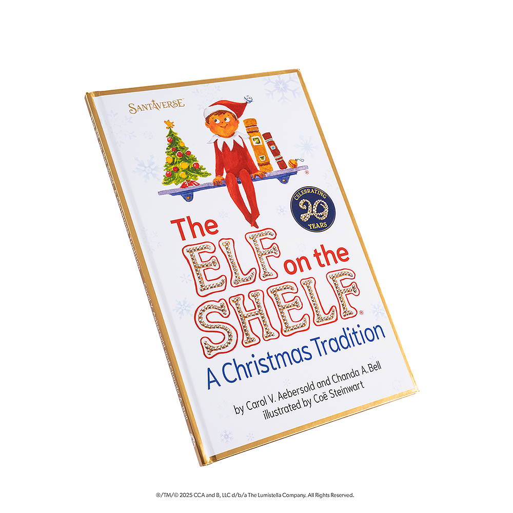 The cover of the artfully illustrated 20th anniversary edition storybook, featuring Swarovski® crystals on the words "Elf" and "Shelf", as well as on the "20", signifying the 20th Anniversary edition.