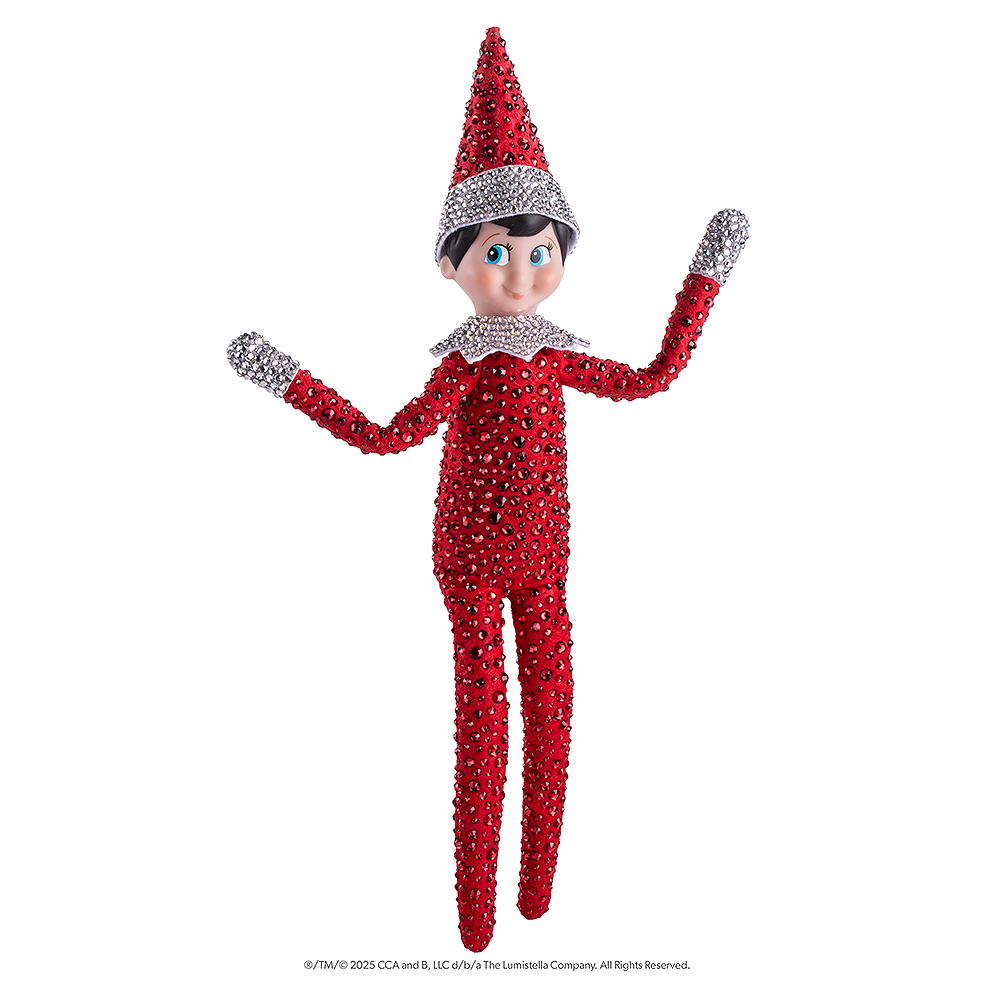 The included Scout Elf® boy with blue eyes poses to show off his flexible bending limbs for even easier elf scenes. Most notably, he is adorned from head to toe in Swarovski® crystals that coordinate with his signature style.