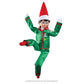 The adoptable boy limited-edition 20th anniversary Scout Elf® with blue eyes and flexible bending limbs for even easier elf scenes, donning the limited-edition luxury satin long pajama set, posing in a silly karate-like stance.
