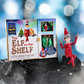A glamour shot of the The Elf on the Shelf®: A Christmas Tradition 20th Anniversary Holiday Box Set with Swarovski® Crystals. The box set and Scout Elf are positioned on satin with a blurry, light blue background. There are Swarovski crystals sprinkled around the set. The Scout Elf boy poses to the left of the box set. Most notably, both he and the box set are adorned in Swarovski® crystals that coordinate with his signature style and this classic Christmas tradition.