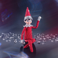 A lifestyle shot of the included Scout Elf® boy with blue eyes poses to show off his flexible bending limbs for even easier elf scenes. Most notably, he is adorned from head to toe in Swarovski® crystals that coordinate with his signature style. A dark background with refracted light surrounds him, which shows up with red and blue hues.