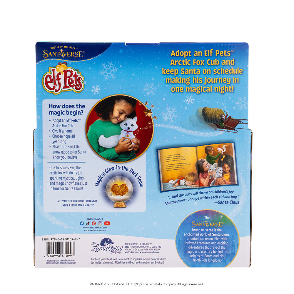 A product shot of the back packaging of the Elf Pets®: An Arctic Fox Tradition storybook and plush set