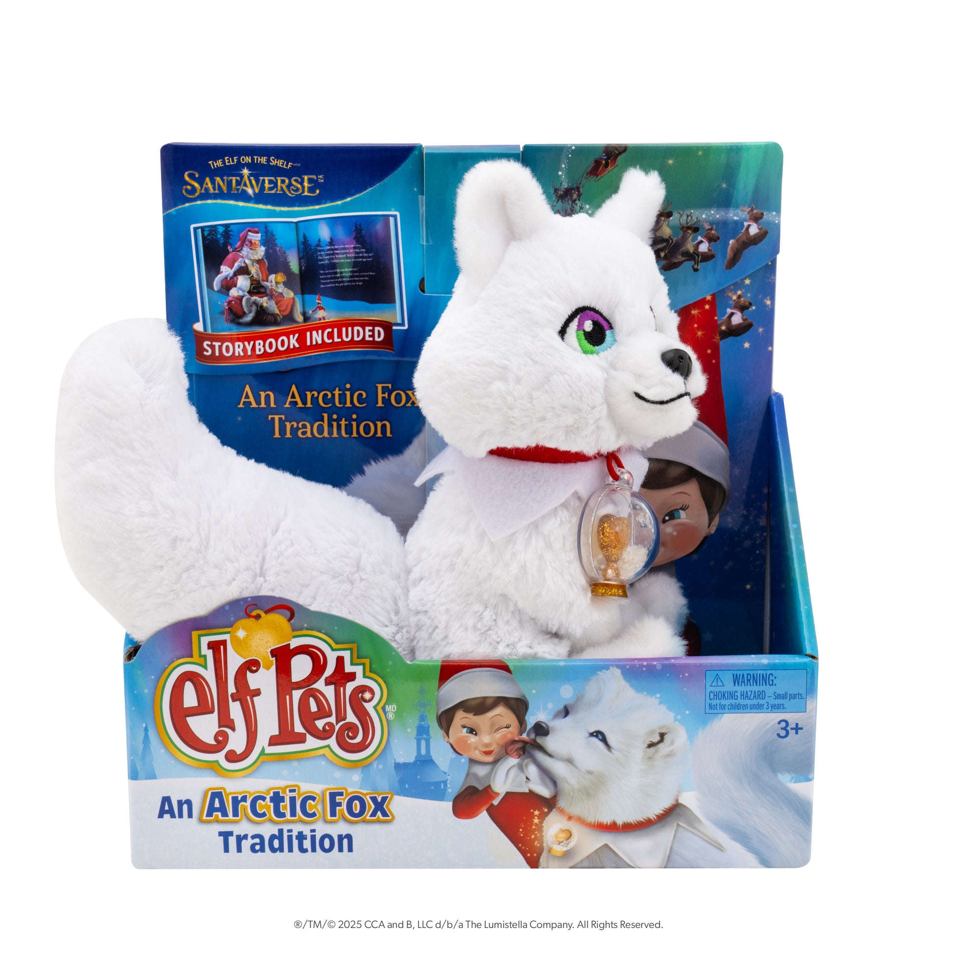 A product shot of the front packaging of the Elf Pets®: An Arctic Fox Tradition storybook and plush set.