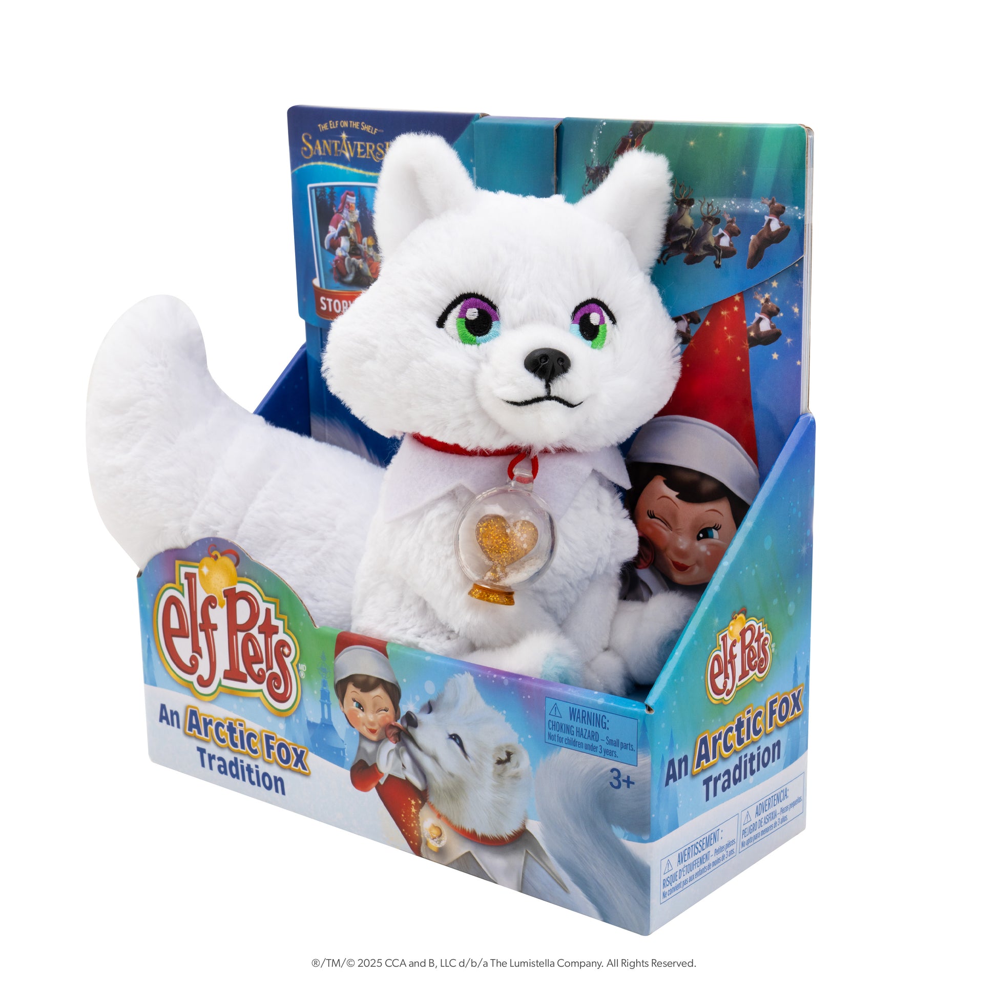 A product shot of the front packaging of the Elf Pets®: An Arctic Fox Tradition storybook and plush set on a white background