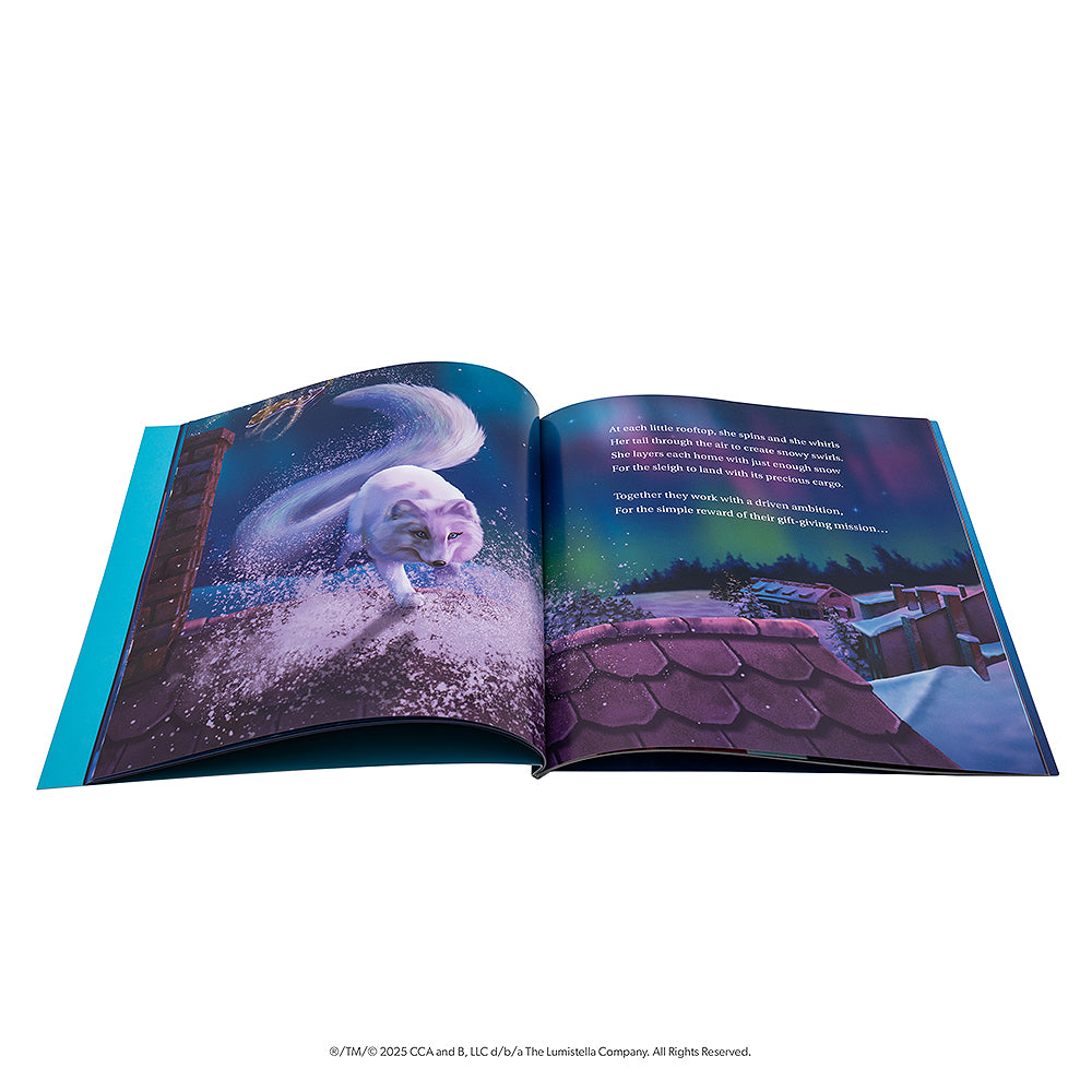 The Elf Pets®: An Arctic Fox Tradition storybook is pictured open to showcase the beautifully designed illustration.