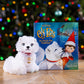 Elf Pets: An Arctic Fox Tradition book and plush with a Christmas tree blurred in the background