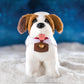 Elf Pets Saint Bernard in snow with a night sky and snowflakes falling in the background