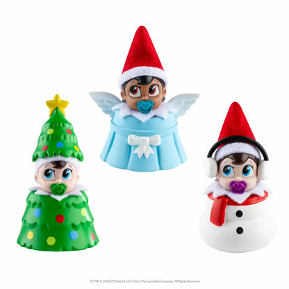 Frost Pips elf babies dressed in Christmas tree, angel, and snowman costumes