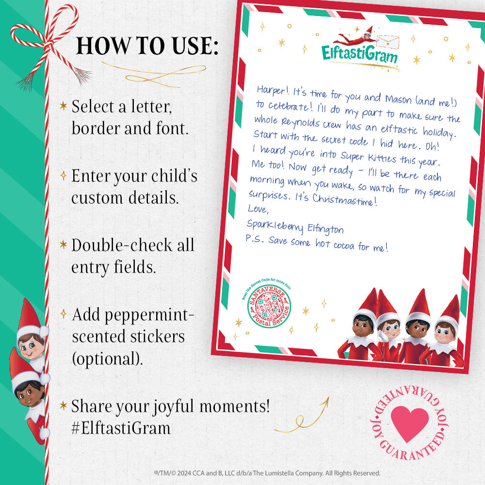 How to Use Infographic: Select a letter, border, and font. Enter your child's custom details. Double-check all entry fields. Add peppermint-scented stickers (optional). Share your joyful moments! #ElftastiGram