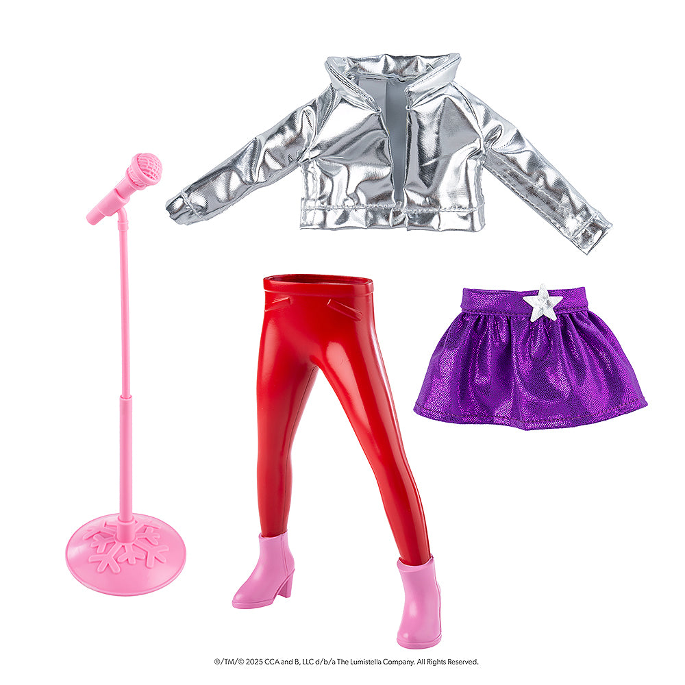 A flat lay image of the MagiFreez® Pop Star set: mic and mic stand, pants, jacket and skirt.
