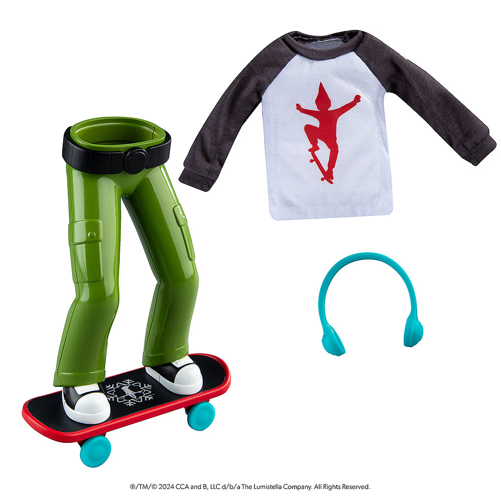 MagiFreez® Holly Jolly Ollie Skateboard Set pieces: MagiFreez® pants, shoes and skateboard, tee and headphones