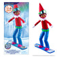 The front view of the packaging for the MagiFreez® Swish and Sleigh Snowboard Set (left-hand side), with a girl Scout Elf posing while wearing the set (right-hand side).