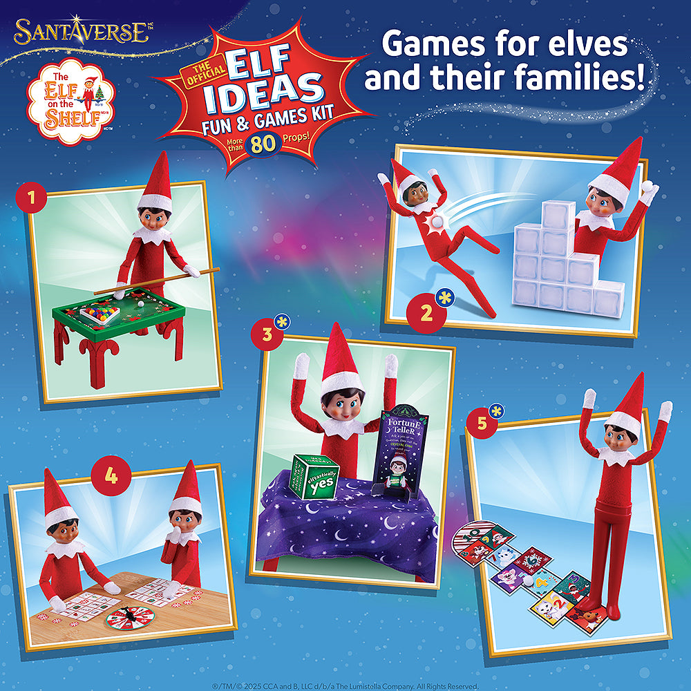 An infographic, stating that the Polar Props™ The Official Elf Ideas Fun & Games Kit  offers "games for elves and their families" and showing the first 5 props. Game 3-5 have an asterisk which indicates that it doubles as a game your children can play. If the asterisk is not present, the idea is a prop for your Scout Elf only.