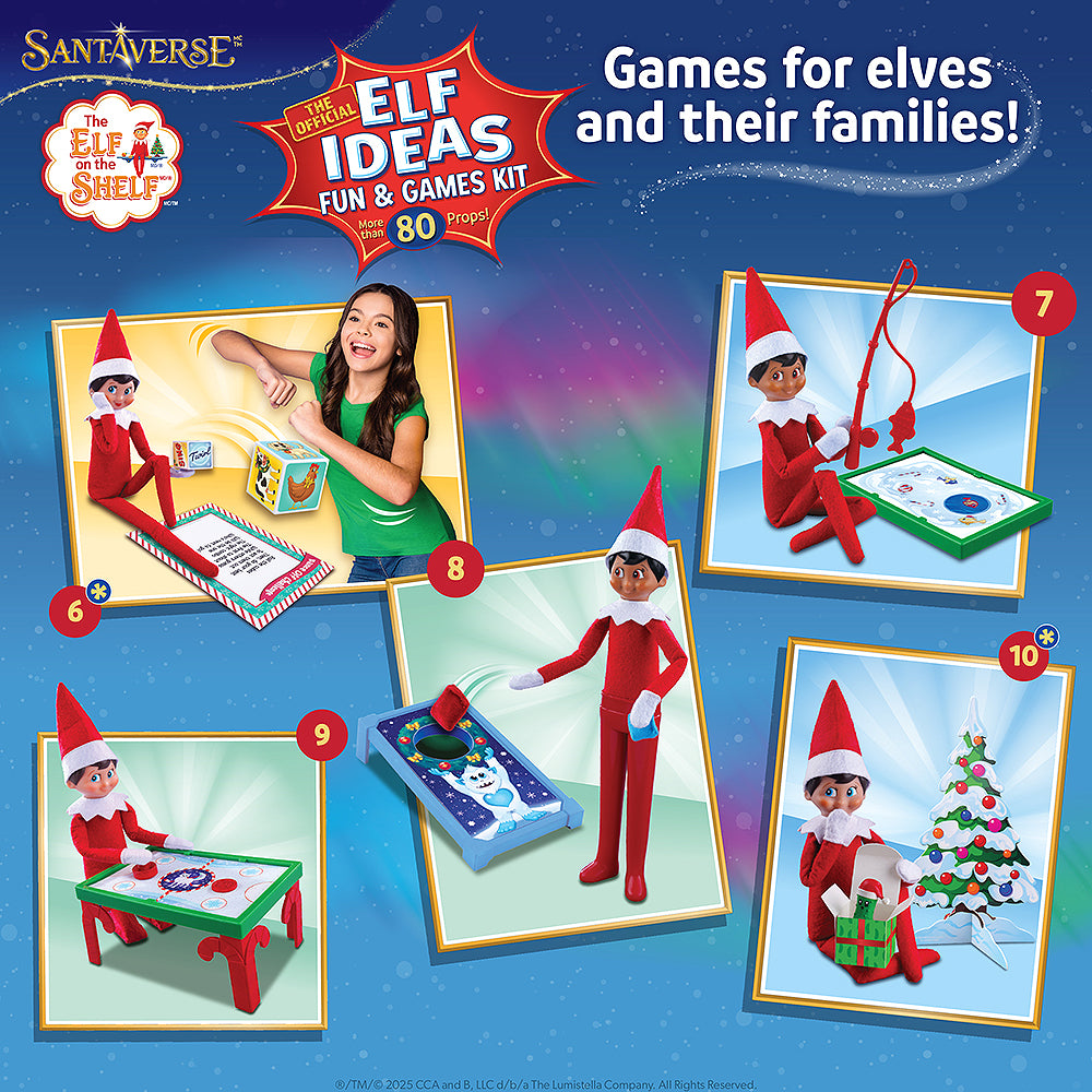 An infographic, stating that the Polar Props™ The Official Elf Ideas Fun & Games Kit  offers "games for elves and their families" and showing the 6-10 ideas/games/props. Game 6 and 10 have an asterisk which indicates that it doubles as a game your children can play. If the asterisk is not present, the idea is a prop for your Scout Elf only.