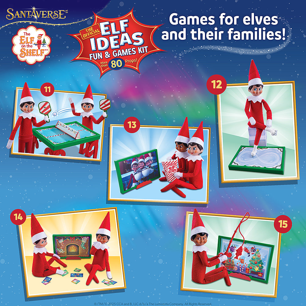 An infographic, stating that the Polar Props™ The Official Elf Ideas Fun & Games Kit  offers "games for elves and their families" and showing the 11-15 ideas/games/props.
