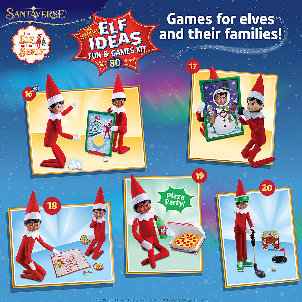 An infographic, stating that the Polar Props™ The Official Elf Ideas Fun & Games Kit  offers "games for elves and their families" and showing the 16-20 ideas/games/props. Game 16 has an asterisk which indicates that it doubles as a game your children can play. If the asterisk is not present, the idea is a prop for your Scout Elf only.