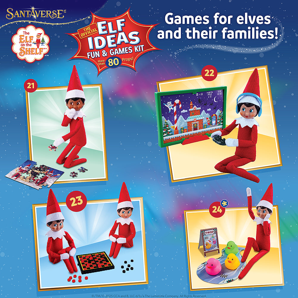 An infographic, stating that the Polar Props™ The Official Elf Ideas Fun & Games Kit  offers "games for elves and their families" and showing the 21-24 ideas/games/props. Game 24 has an asterisk which indicates that it doubles as a game your children can play. If the asterisk is not present, the idea is a prop for your Scout Elf only.