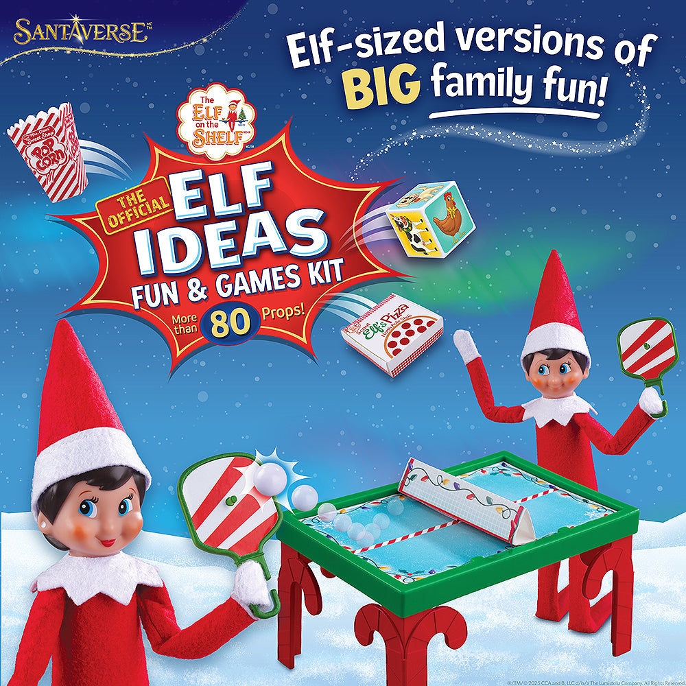 An infographic, stating that the Polar Props™ The Official Elf Ideas Fun & Games Kit  has "Elf-sized versions of BIG family fun!" There are more than 80 props included in this kit. A pair of Scout Elves are playing on a ping pong set, which is one of the props included in the kit.