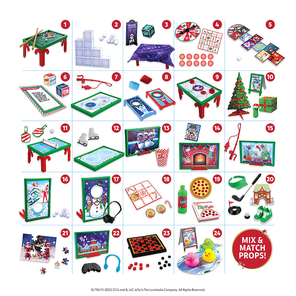 An infographic showing 24 different props included in the Polar Props™ The Official Elf Ideas Fun & Games Kit, shown in a numbered grid. The 25th and final slot on the grid includes text that states you can mix and match props to create over 80 ideas.