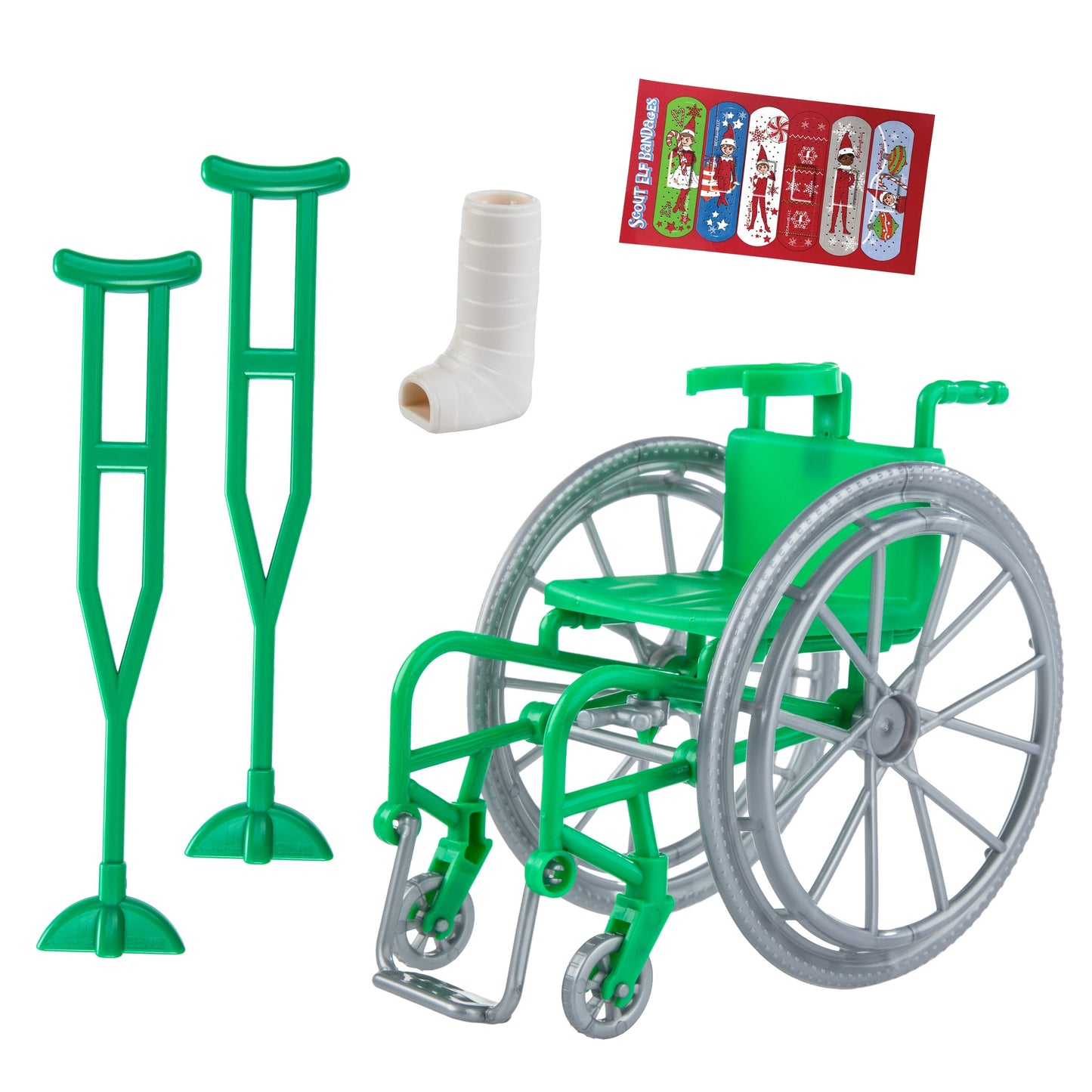 Polar Props™ Elfcare Mobility Set product image featuring the crutches, wheelchair, cast and bandages