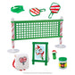An image showcasing the individual pieces of the Polar Props™ Pickleball Play Pack, which include the following: Pickleball net and paddle, Pickleball sign, Elf-size visor and pack, Jar and pickle.