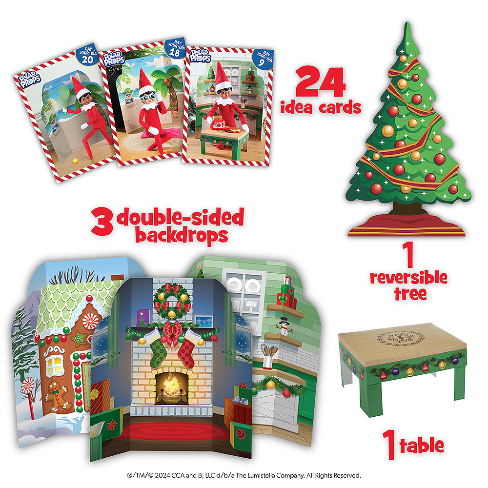Polar Props™ 24-Day Ultimate Elf Ideas Kit showcasing 24 idea cards, 3 double-sided backdrops, 1 reversible tree, 1 table