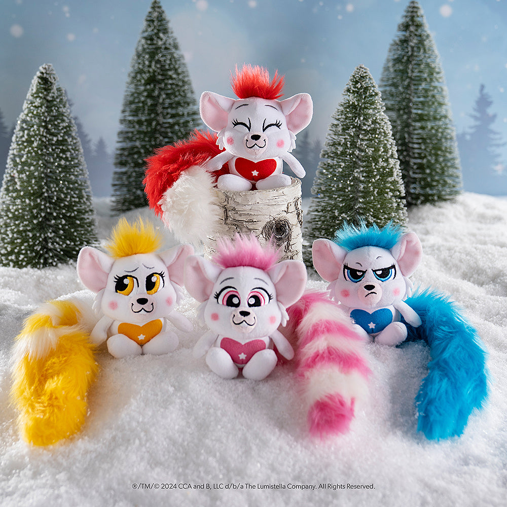 Bogie™ Plush: all 4 options staged together in a snowy forest