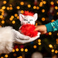 Santa's gloved hand handing the red Bogie™ Plush to a child with Christmas lights blurred in the background