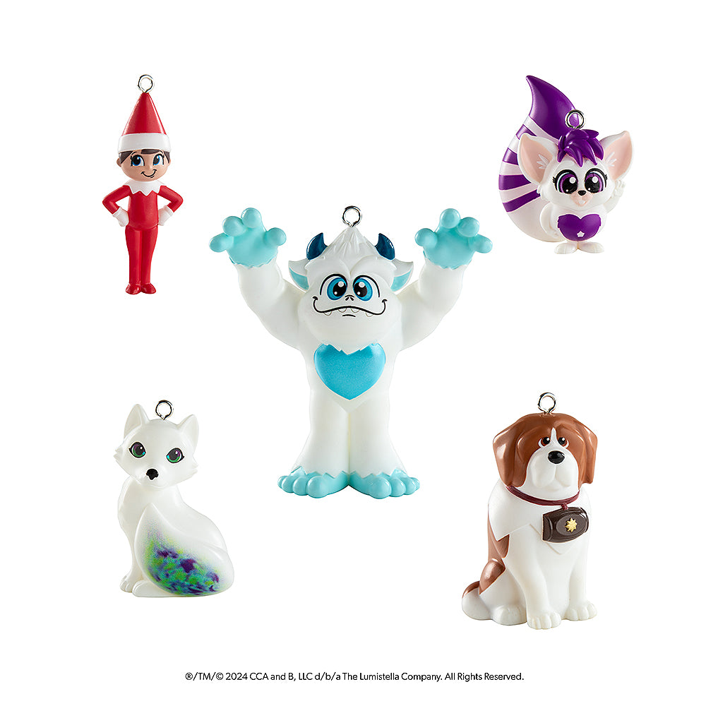 Santaverse™ Ornament Collection characters: Scout Elf®, Bogie™ pal, SnoBiggie™ yeti, Extraordinary Noorah™ and Barry (Santa's own Saint Bernard)