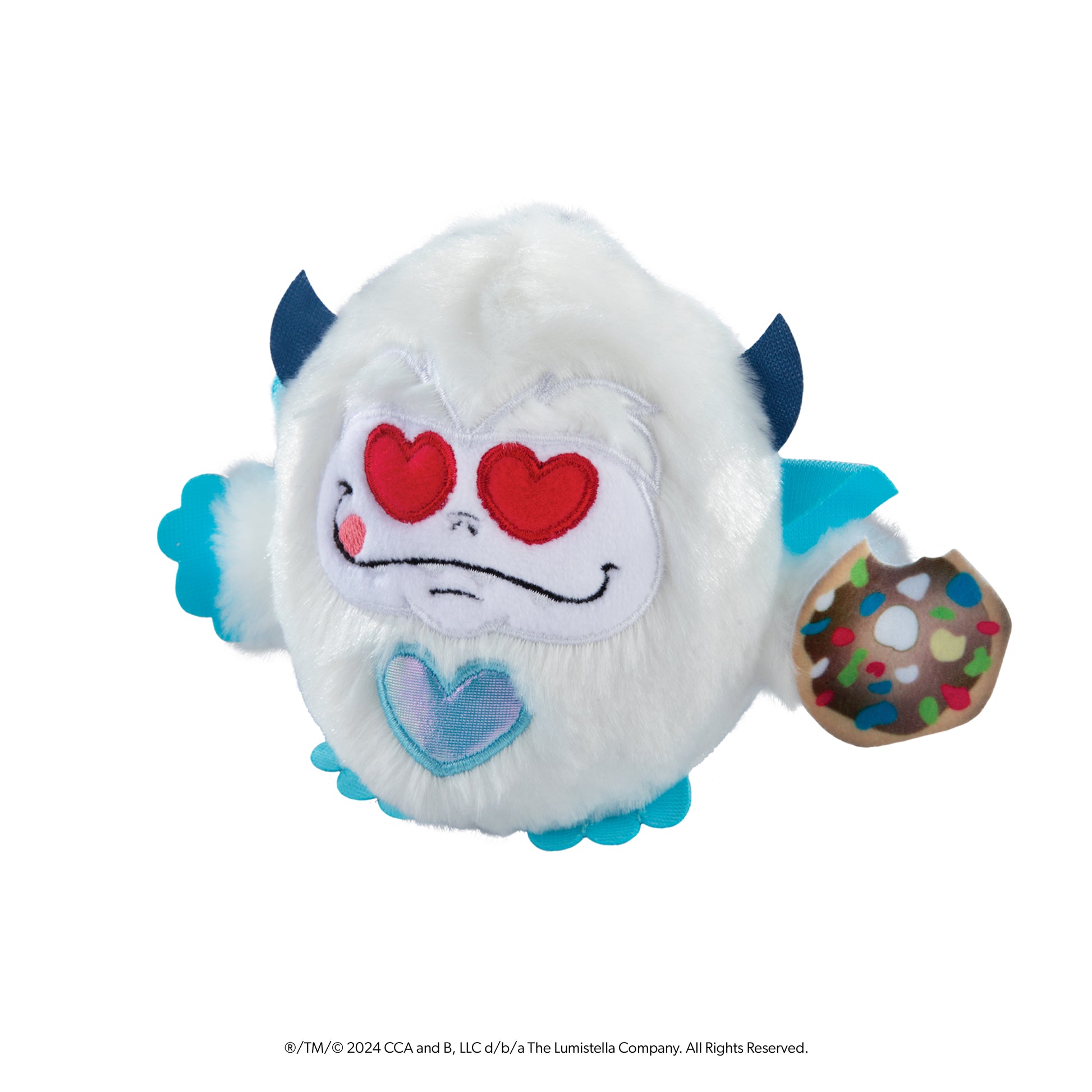 SnoBiggie™ Yeti SnoBall Surprise plush with donut and heart eyes