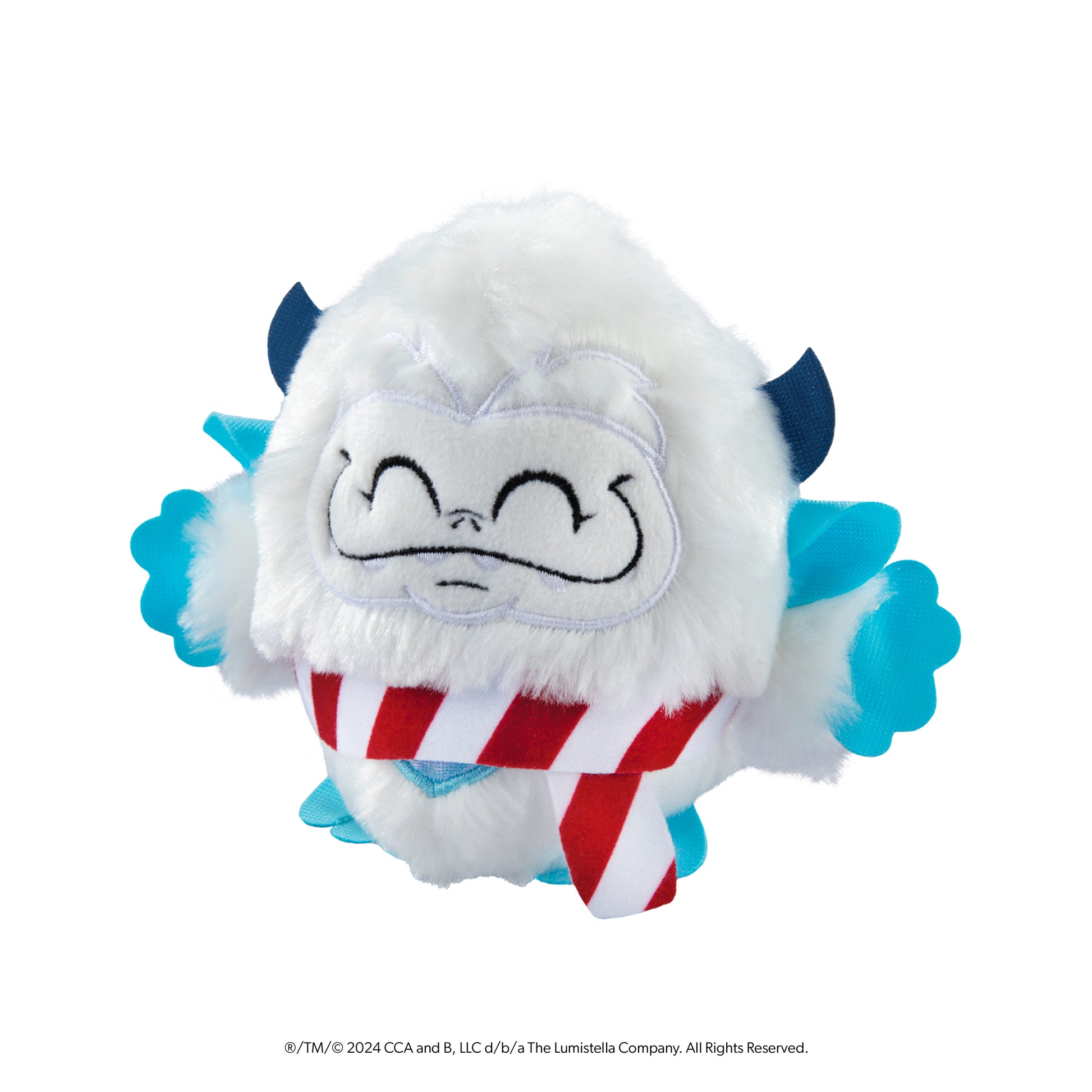 SnoBiggie™ Yeti SnoBall Surprise plush with candy cane pattern scarf