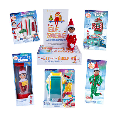 Packaging for Scout Elf Express Delivers Letters to Santa Mini,The Elf on the Shelf: A Christmas Tradition Box Set with boy with brown eyes, Polar Props™ Insta-Moment Props, the Official Scout Elf Carrier, Polar Props™ Beach Vacation Set, and Claus Couture Collection Snowflake Snuggle PJs 