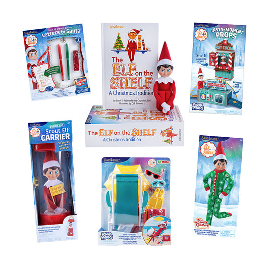Packaging for Scout Elf Express Delivers Letters to Santa Mini,The Elf on the Shelf: A Christmas Tradition Box Set with boy with blue eyes, Polar Props™ Insta-Moment Props, the Official Scout Elf Carrier, Polar Props™ Beach Vacation Set, and Claus Couture Collection Snowflake Snuggle PJs