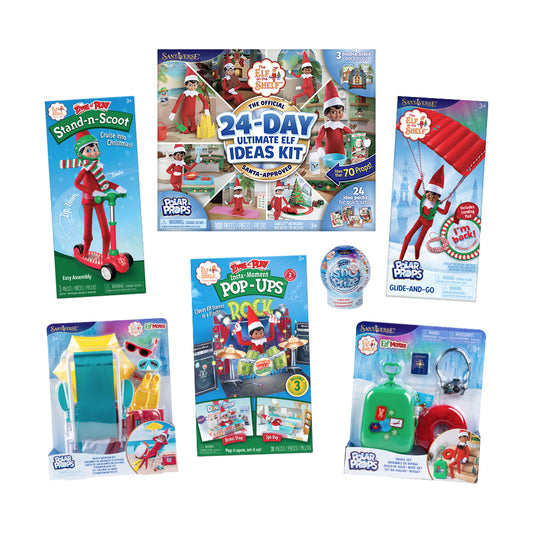 Over-the-Top Props Bundle. Includes: Polar Props™ 24-Day Ultimate Elf Ideas Kit, Polar Props™  Beach Vacation Set, Polar Props™  Travel Set,