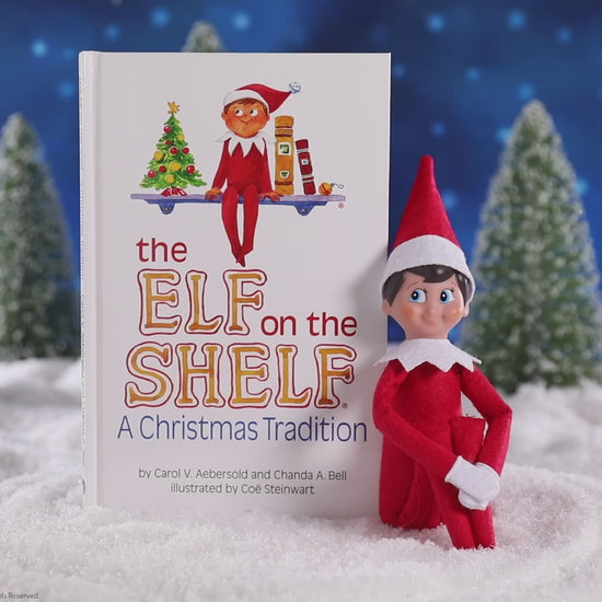 The Elf on the Shelf Tradition book with Scout Elf on a snowy forest, products rotating to show a 360 degree view