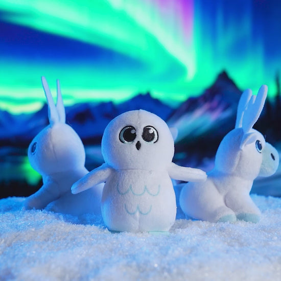 This product video features the 4 mini plush snow sculpture designs spinning on a turntable. You could find any one of these plushes in your Noorah™ Snow Sculpture Surprise. They are posing in an arctic environment with snowy conifer trees and the Northern Lights overhead.