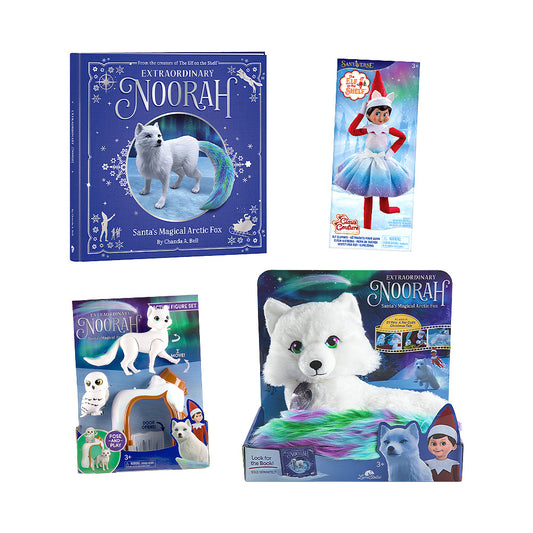 Packaging for Noorah™ Plush, Extraordinary Noorah: Santa’s Magical Arctic Fox Book, Noorah™ Action Figure Set, and Claus Couture Collection® Extraordinary Noorah™ Party Dress 