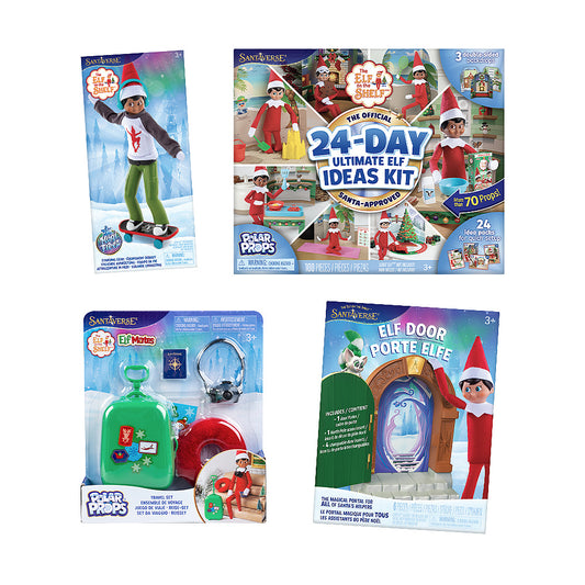 Packaging for Polar Props™ 24-Day Ultimate Elf Ideas Kit, Polar Props™ Travel Set, Santaverse™ Elf Door, MagiFreez® Holly Jolly Ollie Skateboard Set 