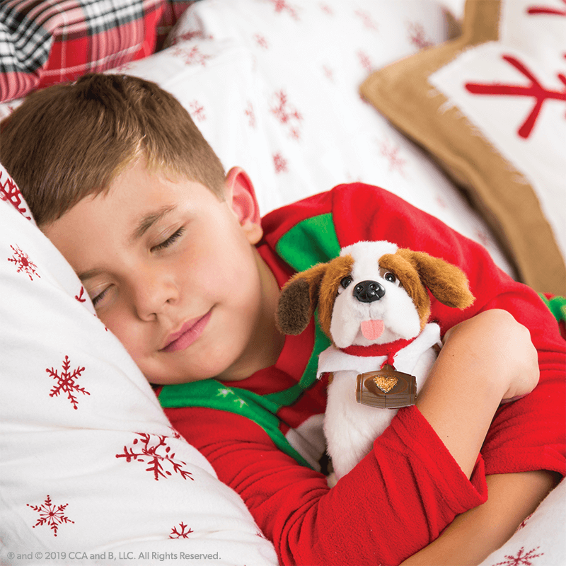 Kid sleeping with Elf Pets® A Saint Bernard Tradition
