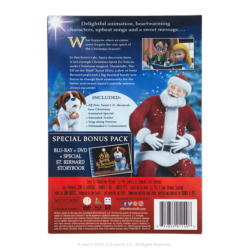 Elf Pets®: Santa’s St. Bernards Save Christmas DVD + Blu-ray + Book: Back of Package